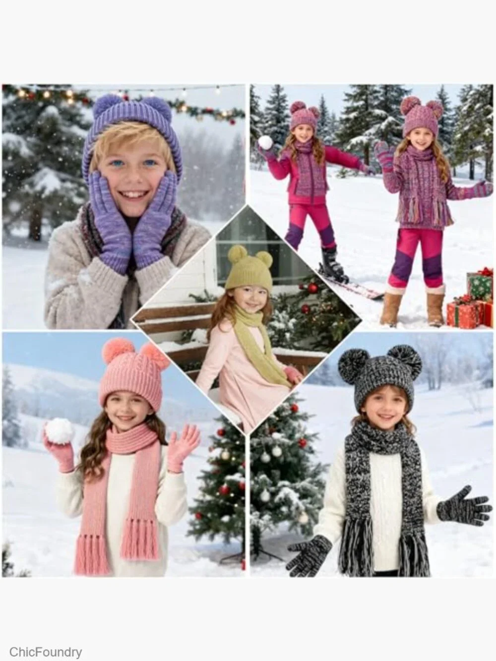 Kids Winter Hat Scarf Gloves Set Fleece Lined Beanie with Pom Pom 3-in-1 Gift